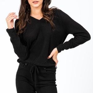 V neck Hooded Waist Drawstring textures Knit Top